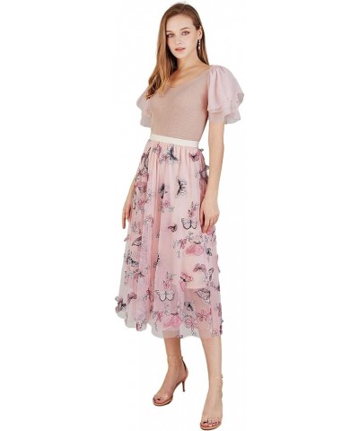 Women's Caramel/Dusty Blue/White/Black 3D Posy Double-Layered Mesh Midi Skirt Pink-colorful 3d Butterfly $26.49 Skirts