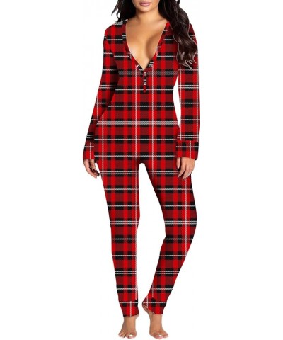 Women Butt Flap Pajamas Jumpsuit Sexy Deep V Neck Long Sleeve Bodycon Romper Overall Sleepwear Y-red-4 $13.19 Jumpsuits