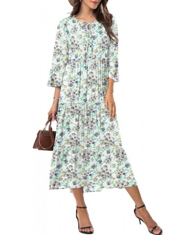 Womens 3/4 Sleeve Casual Bohemian Midi Dress Floral Blue White $28.04 Dresses