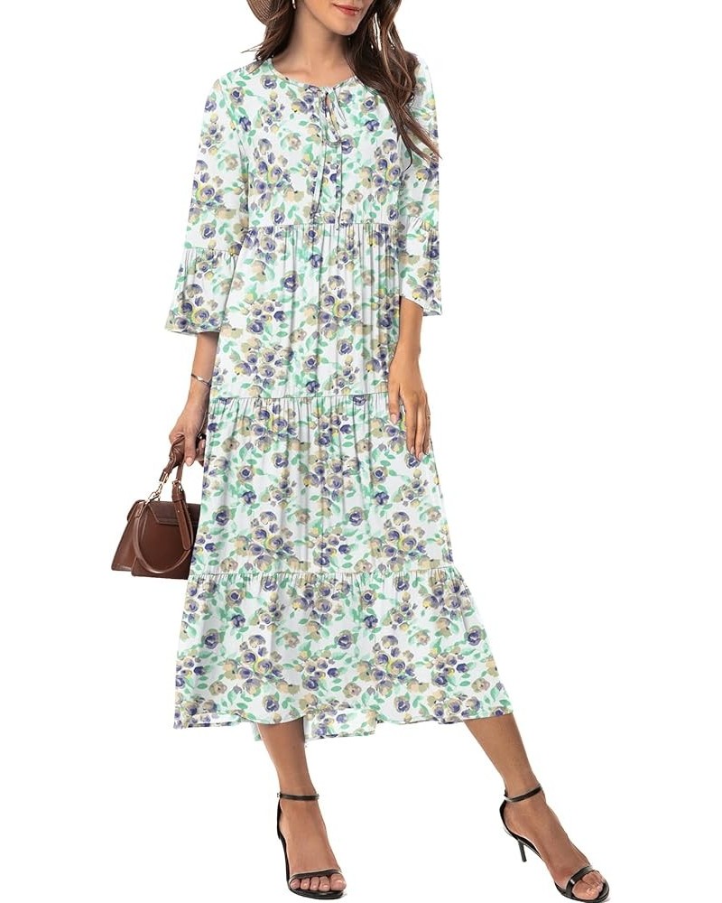 Womens 3/4 Sleeve Casual Bohemian Midi Dress Floral Blue White $28.04 Dresses