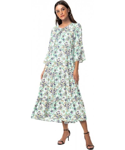 Womens 3/4 Sleeve Casual Bohemian Midi Dress Floral Blue White $28.04 Dresses