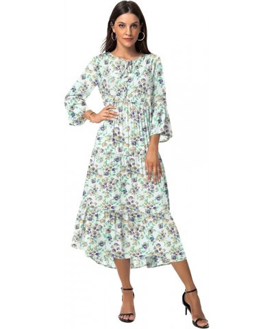 Womens 3/4 Sleeve Casual Bohemian Midi Dress Floral Blue White $28.04 Dresses