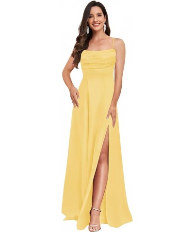 Women's Spaghetti Straps Satin Bridesmaid Dresses for Wedding A-line Long Prom Dress with Slit Pleated Evening Gown Yellow $3...