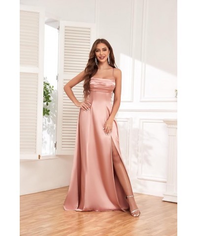 Women's Spaghetti Straps Satin Bridesmaid Dresses for Wedding A-line Long Prom Dress with Slit Pleated Evening Gown Yellow $3...