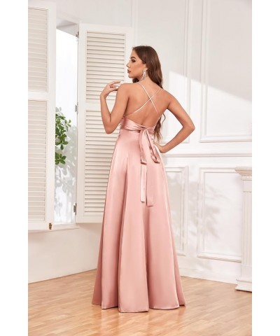 Women's Spaghetti Straps Satin Bridesmaid Dresses for Wedding A-line Long Prom Dress with Slit Pleated Evening Gown Yellow $3...