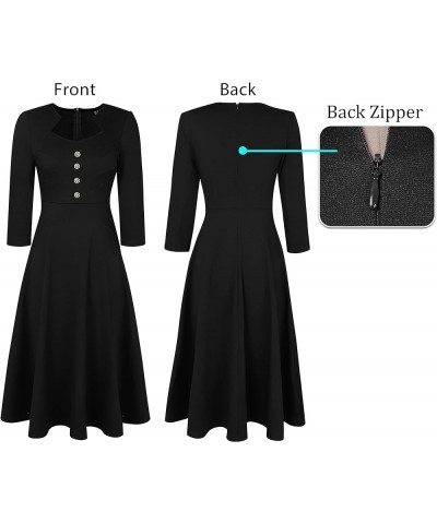 Womens Vintage Retro Buttons Business Work Office A-Line Midi Square Neck Slim Professional Career Fit and Flare Dress Black ...