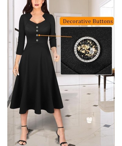 Womens Vintage Retro Buttons Business Work Office A-Line Midi Square Neck Slim Professional Career Fit and Flare Dress Black ...