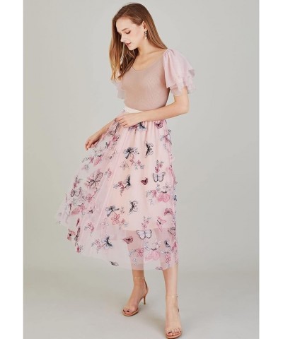 Women's Caramel/Dusty Blue/White/Black 3D Posy Double-Layered Mesh Midi Skirt Pink-colorful 3d Butterfly $26.49 Skirts