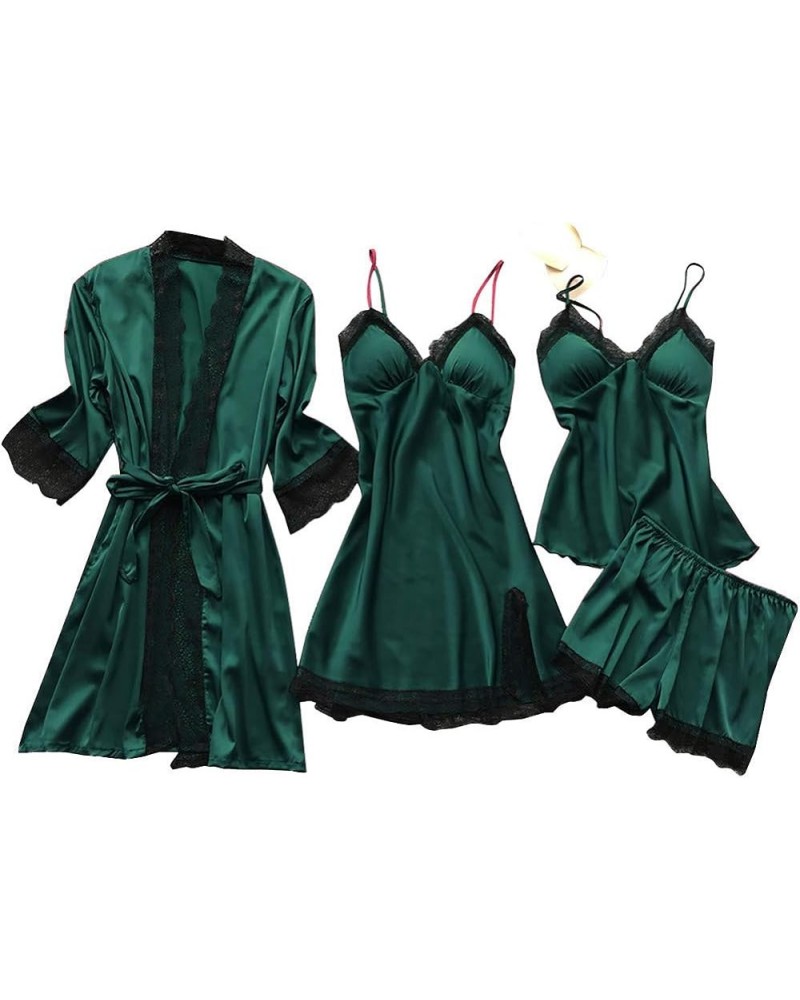 Women's Lingerie, Sleep & Lounge Plus Size Sexy 4Pcs Pajamas Set Silk Satin Sleepwear Casual Soft Comfy Nightgown Army Green ...