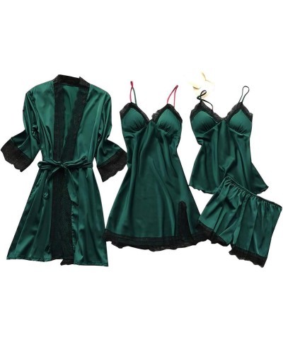 Women's Lingerie, Sleep & Lounge Plus Size Sexy 4Pcs Pajamas Set Silk Satin Sleepwear Casual Soft Comfy Nightgown Army Green ...