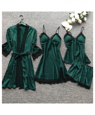 Women's Lingerie, Sleep & Lounge Plus Size Sexy 4Pcs Pajamas Set Silk Satin Sleepwear Casual Soft Comfy Nightgown Army Green ...