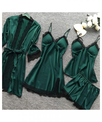 Women's Lingerie, Sleep & Lounge Plus Size Sexy 4Pcs Pajamas Set Silk Satin Sleepwear Casual Soft Comfy Nightgown Army Green ...