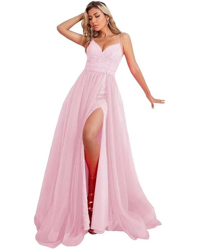 Sexy Mermaid Sequin Prom Dresses with Slit V Neck Formal Dresses Spaghetti Party Gowns with Detachable Train WZY69 Blush Pink...