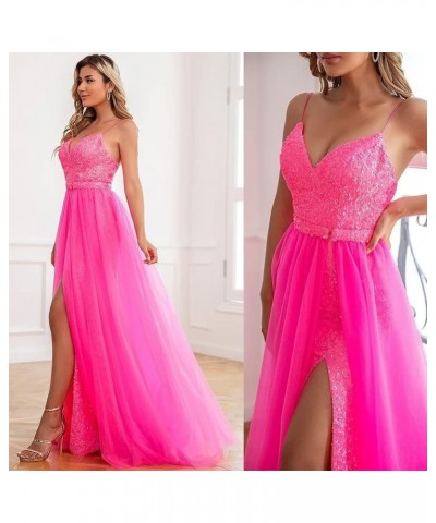 Sexy Mermaid Sequin Prom Dresses with Slit V Neck Formal Dresses Spaghetti Party Gowns with Detachable Train WZY69 Blush Pink...