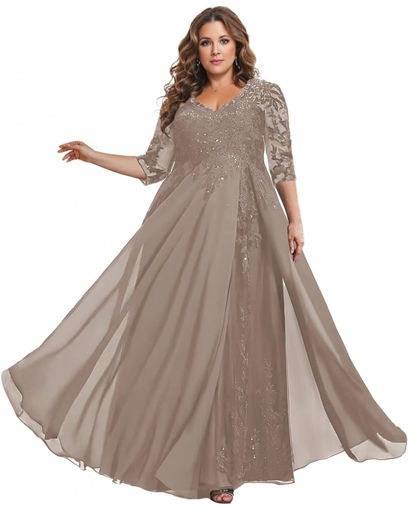 Long Chiffon Mother of The Bride Dresses for Wedding 3/4 Sleeves Lace Appliques Formal Evening Gown Taupe $39.10 Dresses