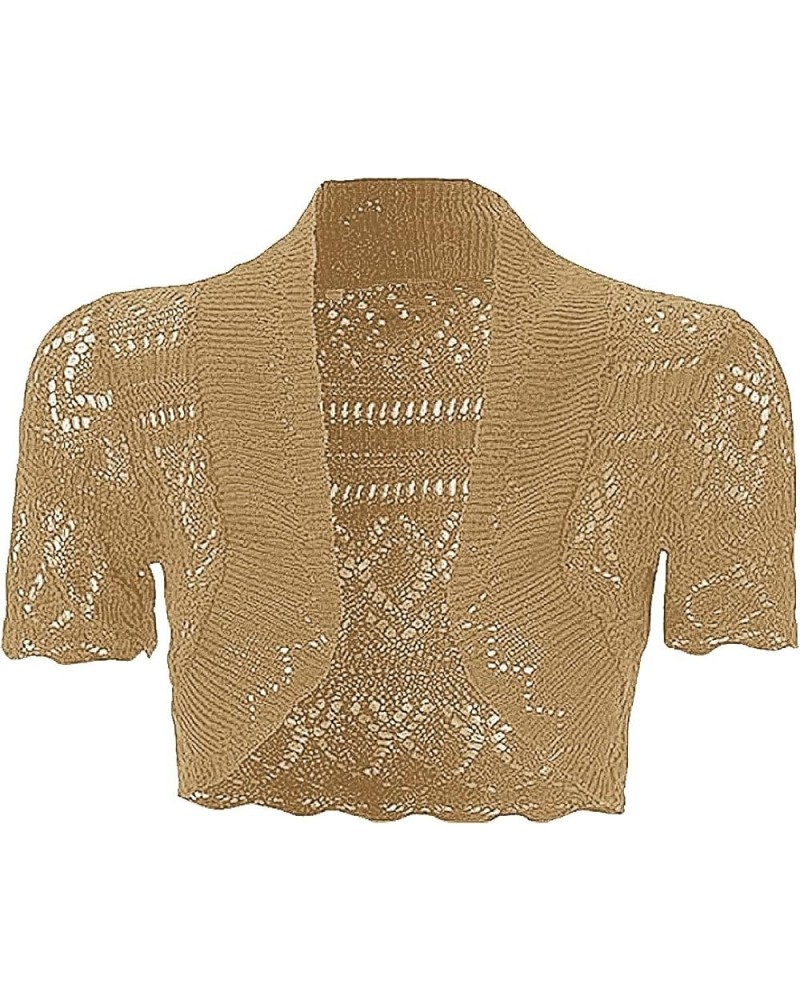 Z98 New Ladies Bolero Crop Shrug Tops Crochet Pointelle Cardigan Women's Top Knitted Short Sleeve Cardi Plus Size Mocha $11.7...