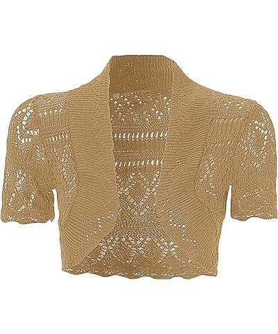 Z98 New Ladies Bolero Crop Shrug Tops Crochet Pointelle Cardigan Women's Top Knitted Short Sleeve Cardi Plus Size Mocha $11.7...