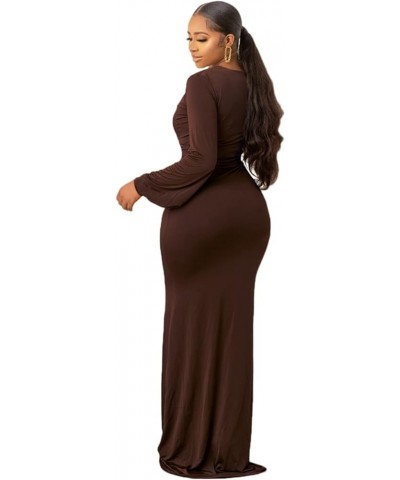 Sexy Deep V Neck Bodycon Evening Dress for Women Bell Sleeve Ruched Cocktail Long Maxi Dresses Brown $20.39 Dresses