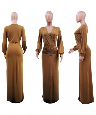 Sexy Deep V Neck Bodycon Evening Dress for Women Bell Sleeve Ruched Cocktail Long Maxi Dresses Brown $20.39 Dresses