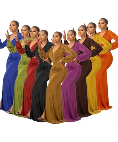 Sexy Deep V Neck Bodycon Evening Dress for Women Bell Sleeve Ruched Cocktail Long Maxi Dresses Brown $20.39 Dresses