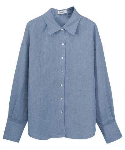 Womens Pure Linen Button Down Shirt Long Sleeve Business Causal Collared Blouse Denim $24.95 Blouses