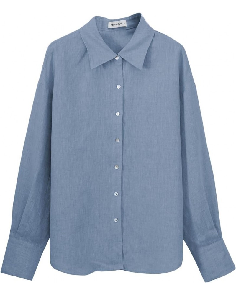 Womens Pure Linen Button Down Shirt Long Sleeve Business Causal Collared Blouse Denim $24.95 Blouses