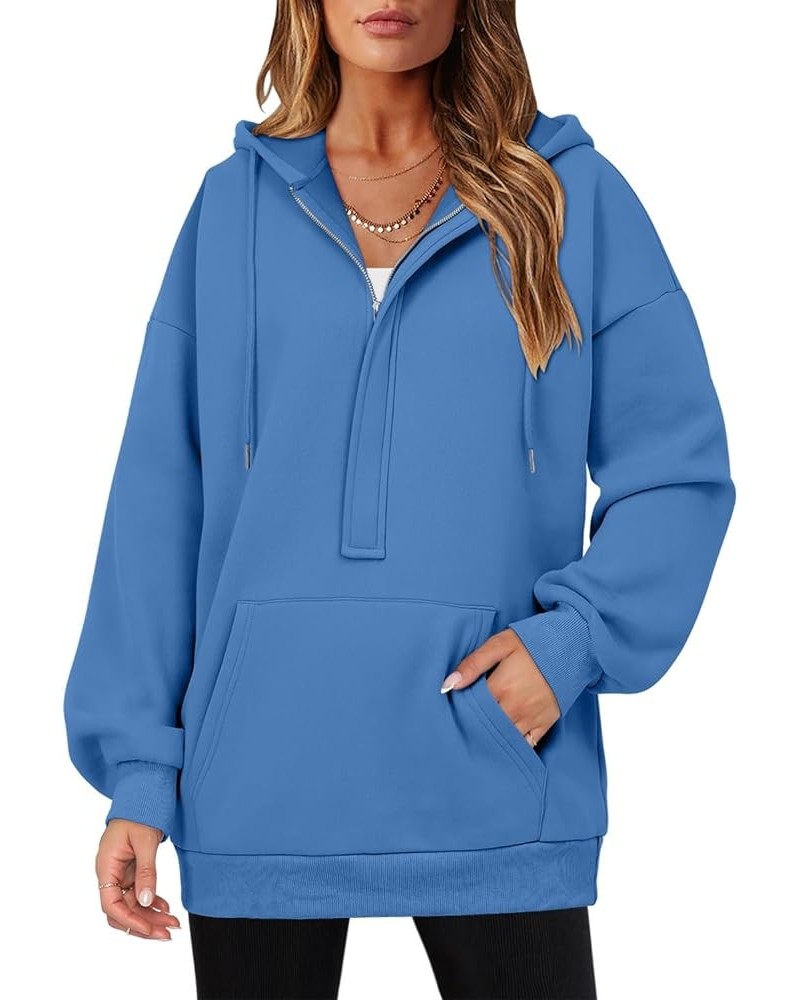 Womens Oversize Hoodies Basic Solid Sweatshirts Zip Collar Kangaroo Pockets Colorful Blue $10.39 Hoodies & Sweatshirts