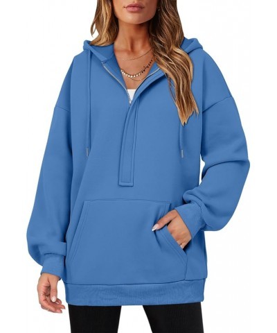 Womens Oversize Hoodies Basic Solid Sweatshirts Zip Collar Kangaroo Pockets Colorful Blue $10.39 Hoodies & Sweatshirts