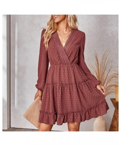 Womens 2023 Spring Summer Wrap V Neck Swiss Dot Long Sleeve Mini Dress 03-indianred $22.41 Dresses