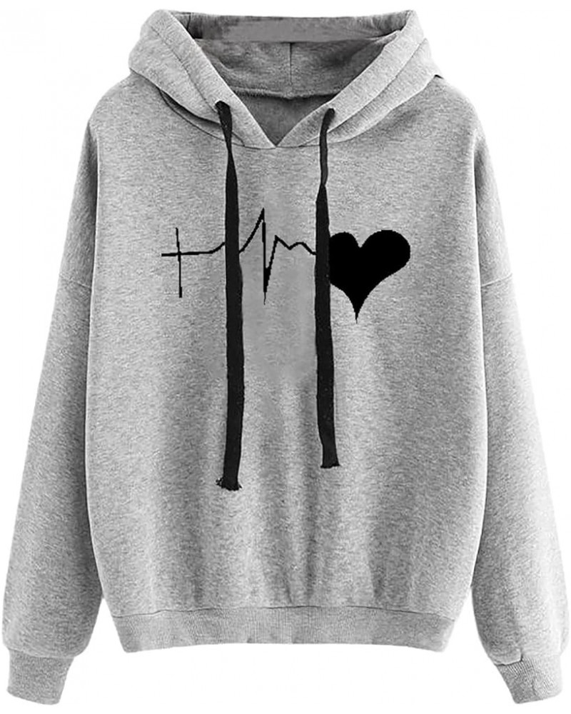 Women's Graphic Letter Heart Print Long Sleeve Hoodie Sweatshirt with Pocket Loose Oversized Drawstring Pullover Hoody Grey-j...