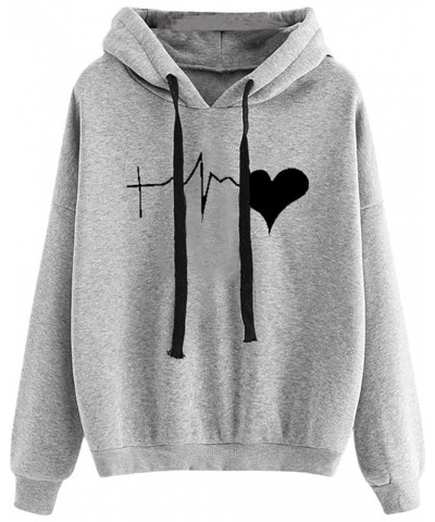 Women's Graphic Letter Heart Print Long Sleeve Hoodie Sweatshirt with Pocket Loose Oversized Drawstring Pullover Hoody Grey-j...