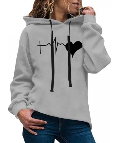 Women's Graphic Letter Heart Print Long Sleeve Hoodie Sweatshirt with Pocket Loose Oversized Drawstring Pullover Hoody Grey-j...