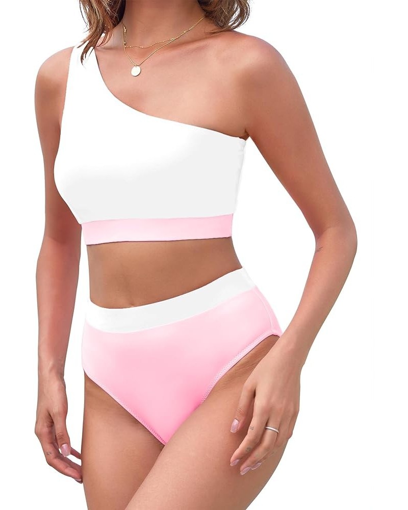 Women One Shoulder Swimsuit 2 Piece High Waisted Bikini Color Block Crop Tankini Bathing Suit for Teens Pink White $11.01 Swi...