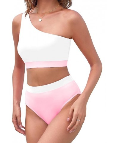 Women One Shoulder Swimsuit 2 Piece High Waisted Bikini Color Block Crop Tankini Bathing Suit for Teens Pink White $11.01 Swi...