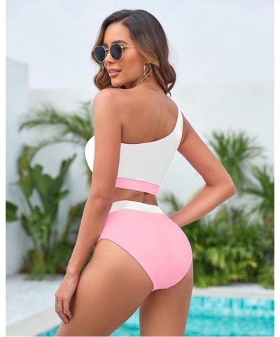 Women One Shoulder Swimsuit 2 Piece High Waisted Bikini Color Block Crop Tankini Bathing Suit for Teens Pink White $11.01 Swi...