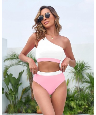 Women One Shoulder Swimsuit 2 Piece High Waisted Bikini Color Block Crop Tankini Bathing Suit for Teens Pink White $11.01 Swi...