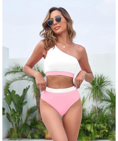 Women One Shoulder Swimsuit 2 Piece High Waisted Bikini Color Block Crop Tankini Bathing Suit for Teens Pink White $11.01 Swi...