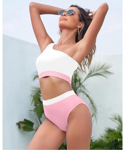 Women One Shoulder Swimsuit 2 Piece High Waisted Bikini Color Block Crop Tankini Bathing Suit for Teens Pink White $11.01 Swi...