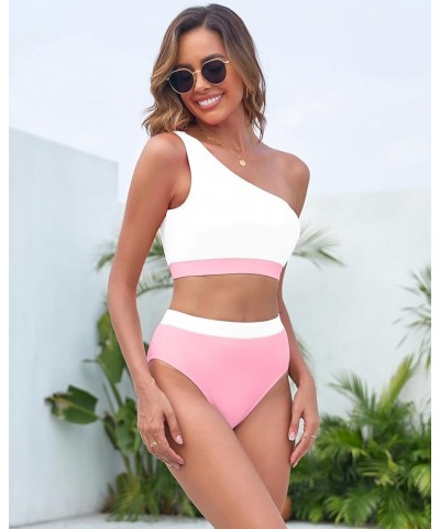 Women One Shoulder Swimsuit 2 Piece High Waisted Bikini Color Block Crop Tankini Bathing Suit for Teens Pink White $11.01 Swi...