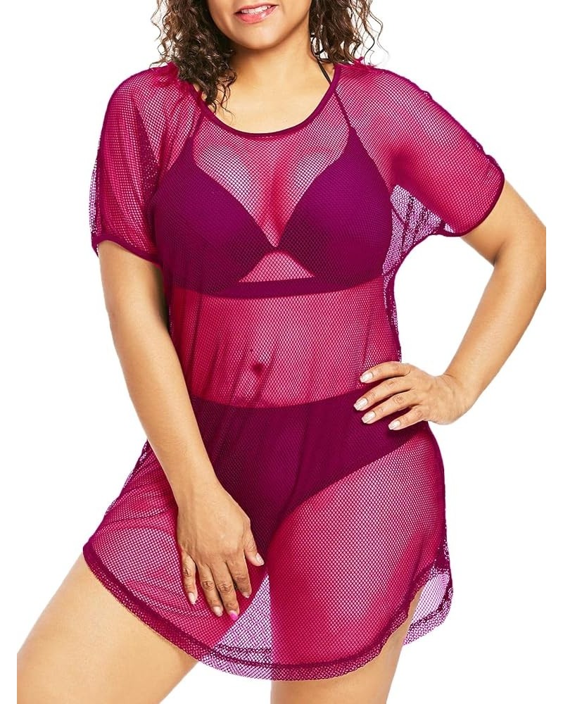 Women's Hollow Out Fishnet Beach Dress Loose Swimwear Cover Ups Plus Size Nightdress Purple Red $9.76 Swimsuits