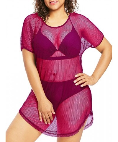 Women's Hollow Out Fishnet Beach Dress Loose Swimwear Cover Ups Plus Size Nightdress Purple Red $9.76 Swimsuits