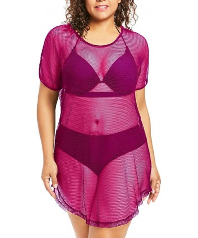 Women's Hollow Out Fishnet Beach Dress Loose Swimwear Cover Ups Plus Size Nightdress Purple Red $9.76 Swimsuits