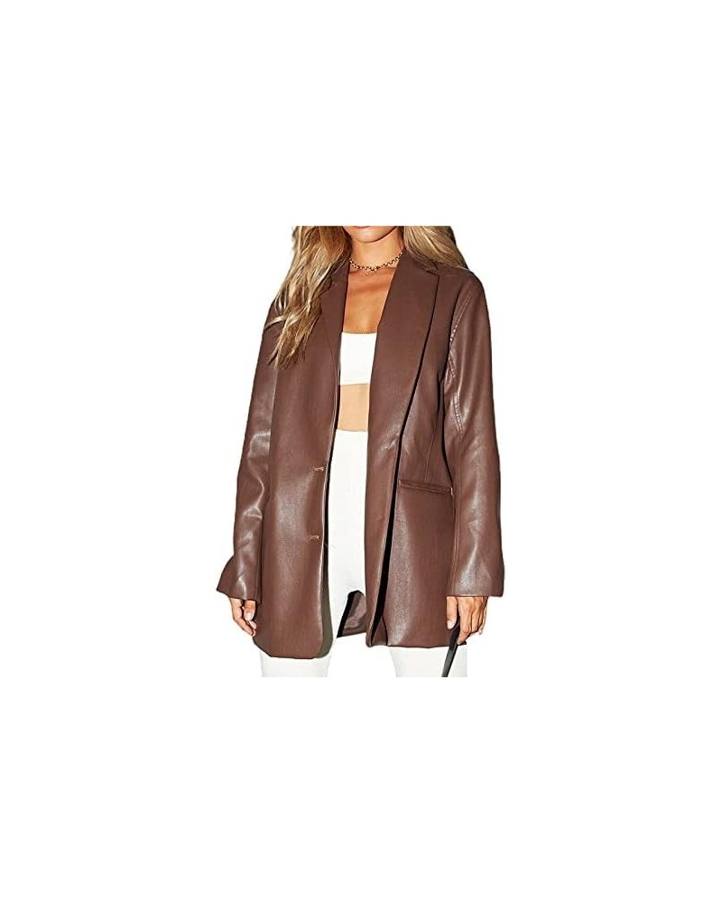 Womens Oversized Leather Blazer Jacket Long Sleeve Button Faux Leather Lapel Shacket Outwear with Pockets Brown $16.82 Coats