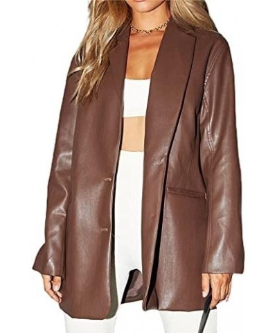 Womens Oversized Leather Blazer Jacket Long Sleeve Button Faux Leather Lapel Shacket Outwear with Pockets Brown $16.82 Coats