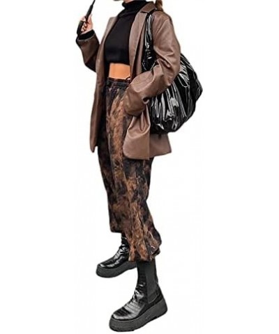 Womens Oversized Leather Blazer Jacket Long Sleeve Button Faux Leather Lapel Shacket Outwear with Pockets Brown $16.82 Coats