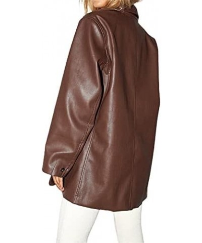 Womens Oversized Leather Blazer Jacket Long Sleeve Button Faux Leather Lapel Shacket Outwear with Pockets Brown $16.82 Coats