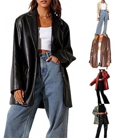 Womens Oversized Leather Blazer Jacket Long Sleeve Button Faux Leather Lapel Shacket Outwear with Pockets Brown $16.82 Coats