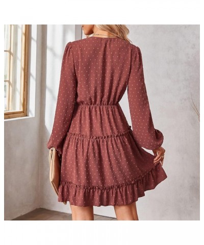 Womens 2023 Spring Summer Wrap V Neck Swiss Dot Long Sleeve Mini Dress 03-indianred $22.41 Dresses