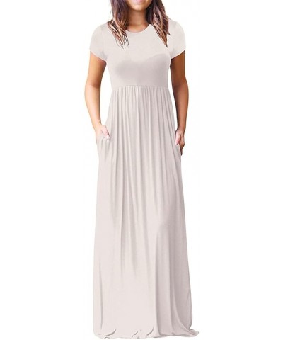 Summer Maxi Dress for Women 2022,Short Sleeve Long Dress Empire Waist Beach Sun Dress Tshirt Dress with Pockets White $6.59 D...