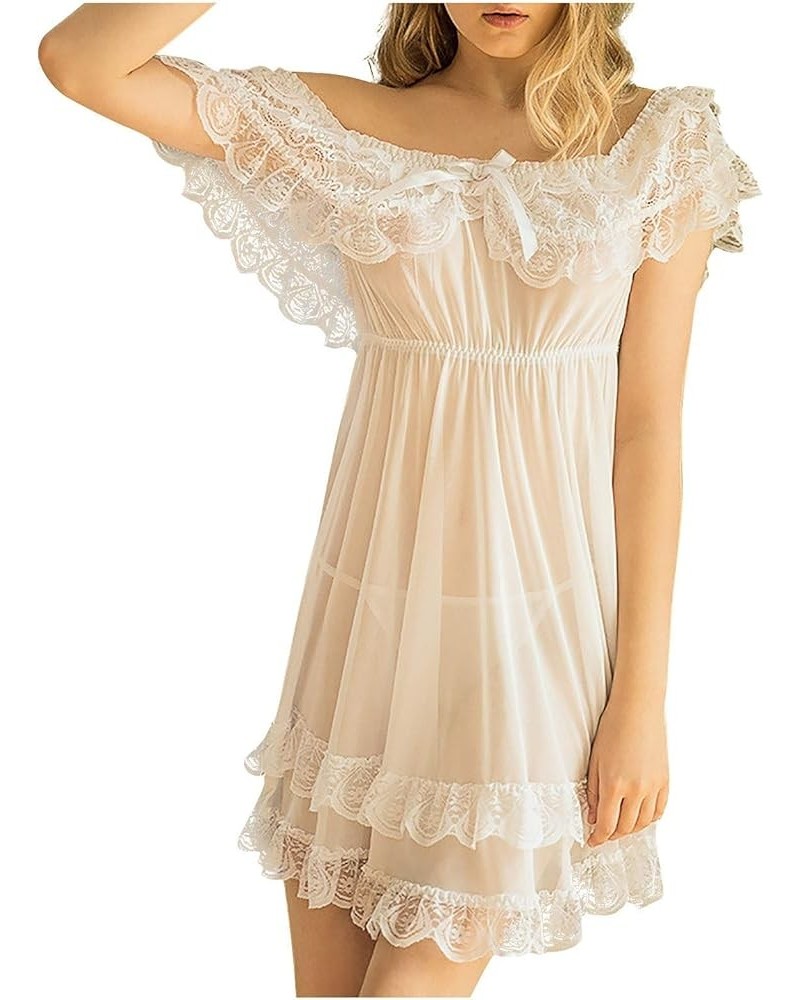 Women's Lace See Through Nightdress Mesh Deep V Sexy Lingerie Nightwear Strapless Sheer Babydoll Sleepwear Pajamas White $6.4...